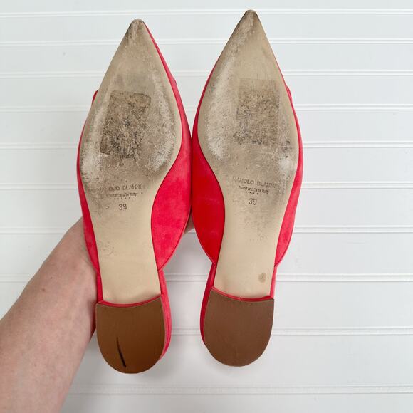 Manolo Blahnik Maysale Flat Mule Buckle Shoe Ballerina Pointed Toe Bright Pink - Picture 6 of 10